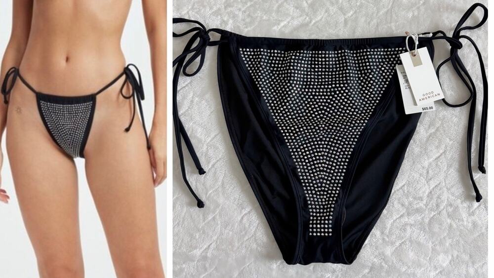 NWT Good American Size 6 or 3XL Rhinestone Bikini Bottom Black Side Tie GSW0497